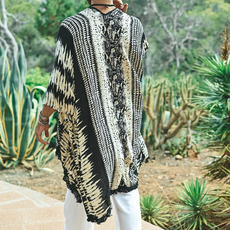 Herren Leichter Ethno-Strandkaftan mit V-Ausschnitt und Fransen Drune