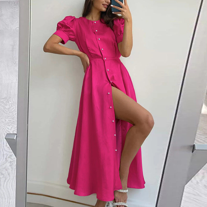 Damen Knielanges Hemdblusenkleid mit Knöpfen und seitlichem Schlitz Drune