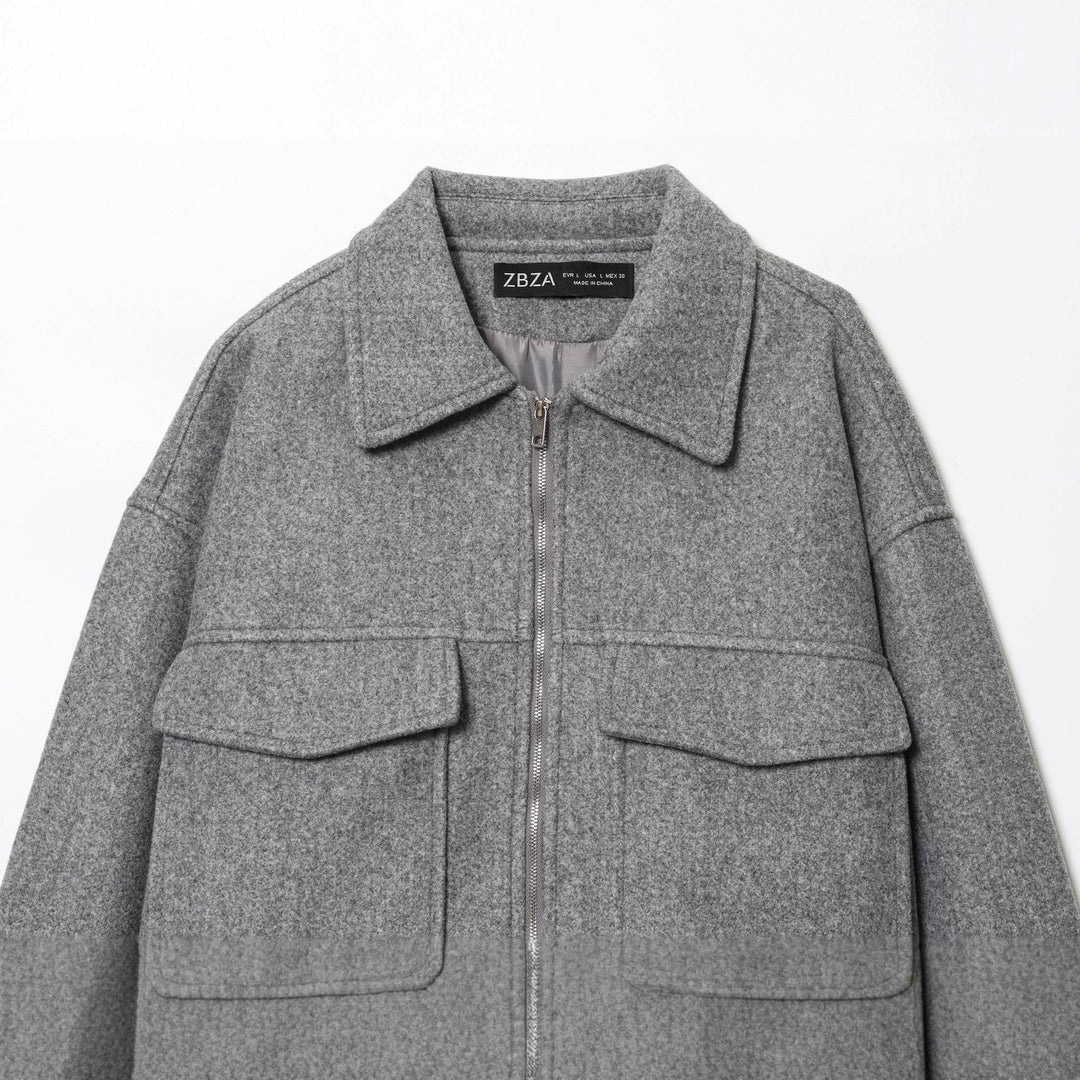 Damen nan kastige Wolljacke mit durchgehendem Reißverschluss, großen Pattentaschen und Hemdkragen Drune