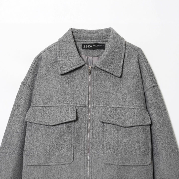 Damen nan kastige Wolljacke mit durchgehendem Reißverschluss, großen Pattentaschen und Hemdkragen Drune