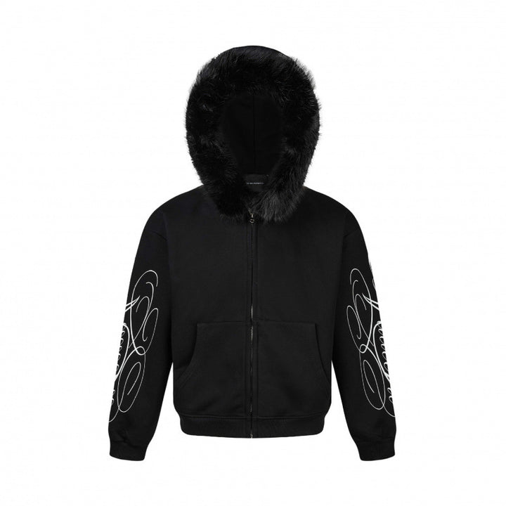 Unisex Oversize-Kapuzenjacke mit Kunstfellbesatz, Reißverschluss und Grafikärmeln Drune