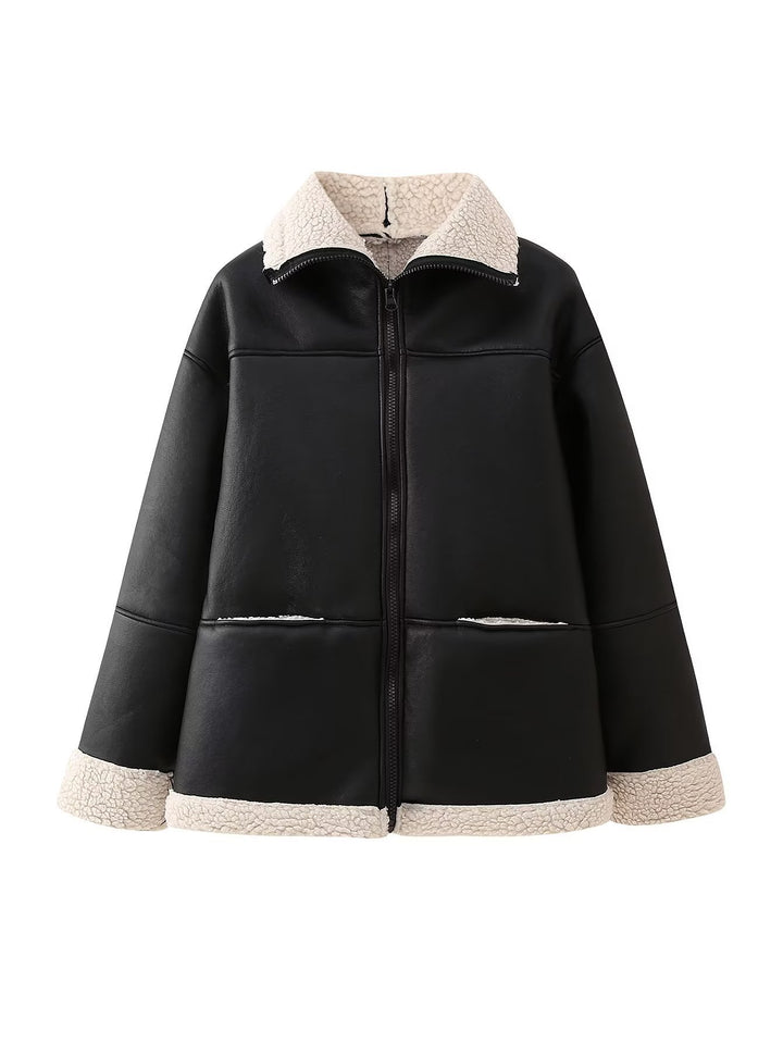 Damen Kunstlederjacke mit kuscheligem Innenfutter und hohem Kragen Drune
