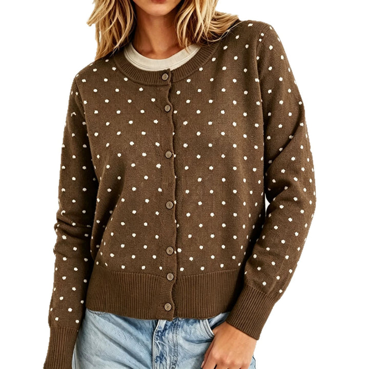 Damen Gepunktete Feinstrick-Cardigan mit Rundhals und Rippbündchen Drune