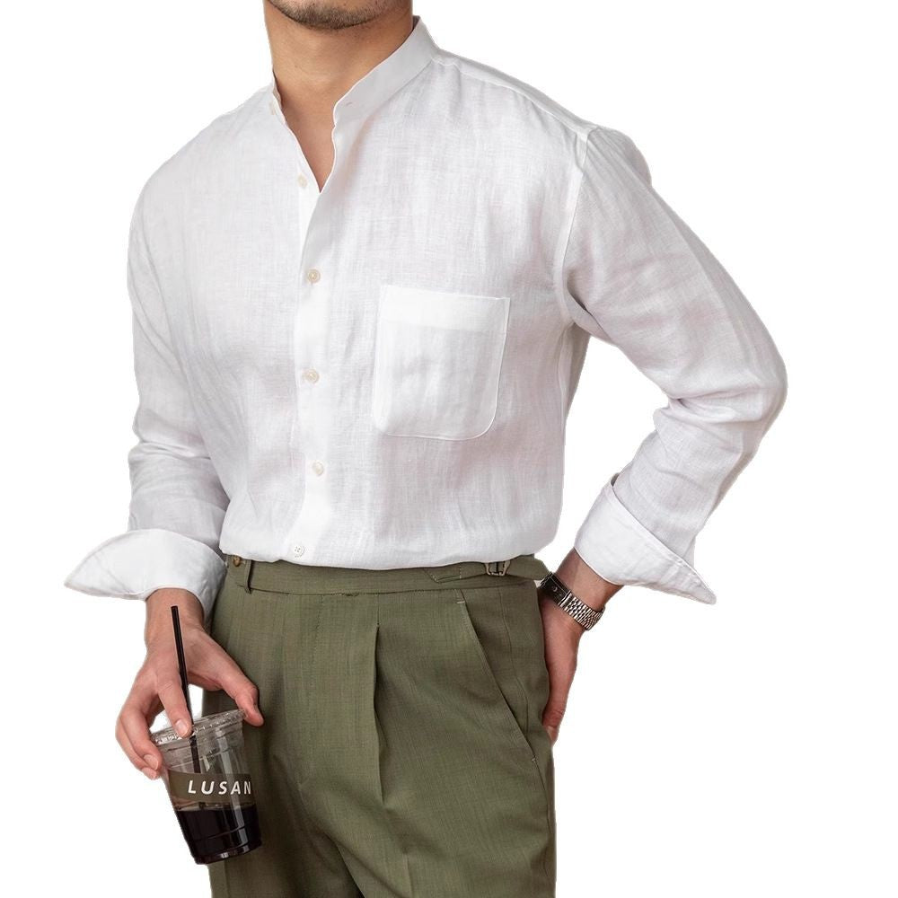 Herren Leinenhemd mit Stehkragen und Brusttasche Drune