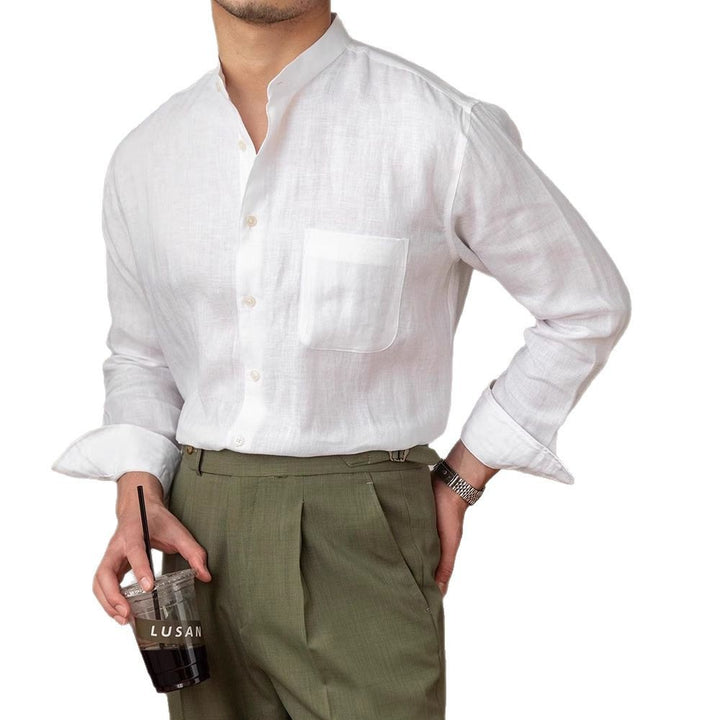 Herren Leinenhemd mit Stehkragen und Brusttasche Drune