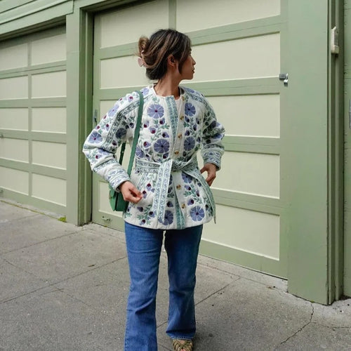 Damen 100+ gestepptes besticktes Jackenblouson mit Taillengürtel und floraler Stickerei Drune