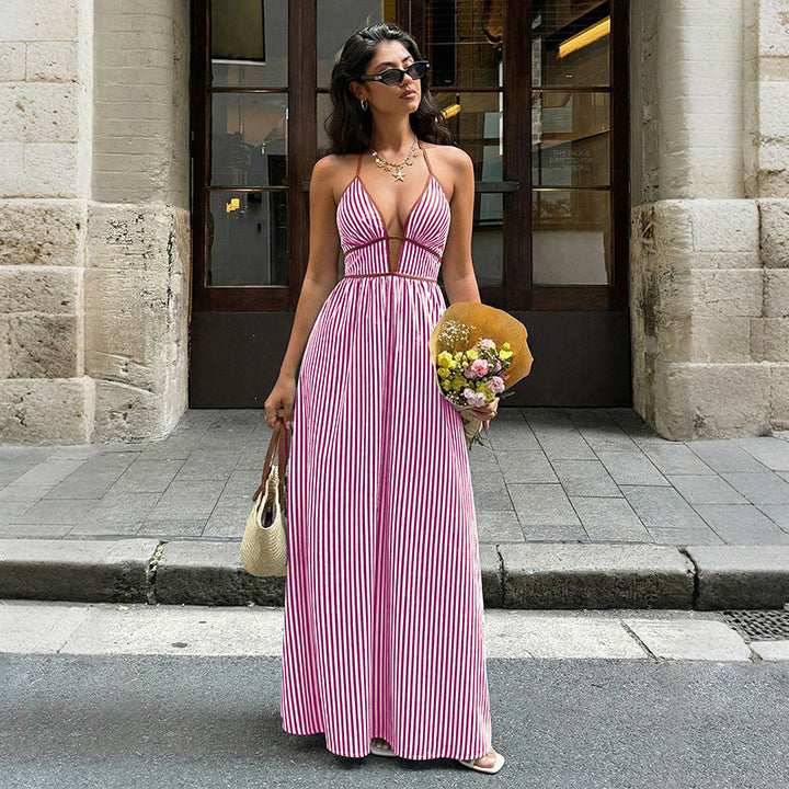 Damen Maxi-Kleid mit tiefem V-Ausschnitt und raffiniertem Streifenmuster Drune