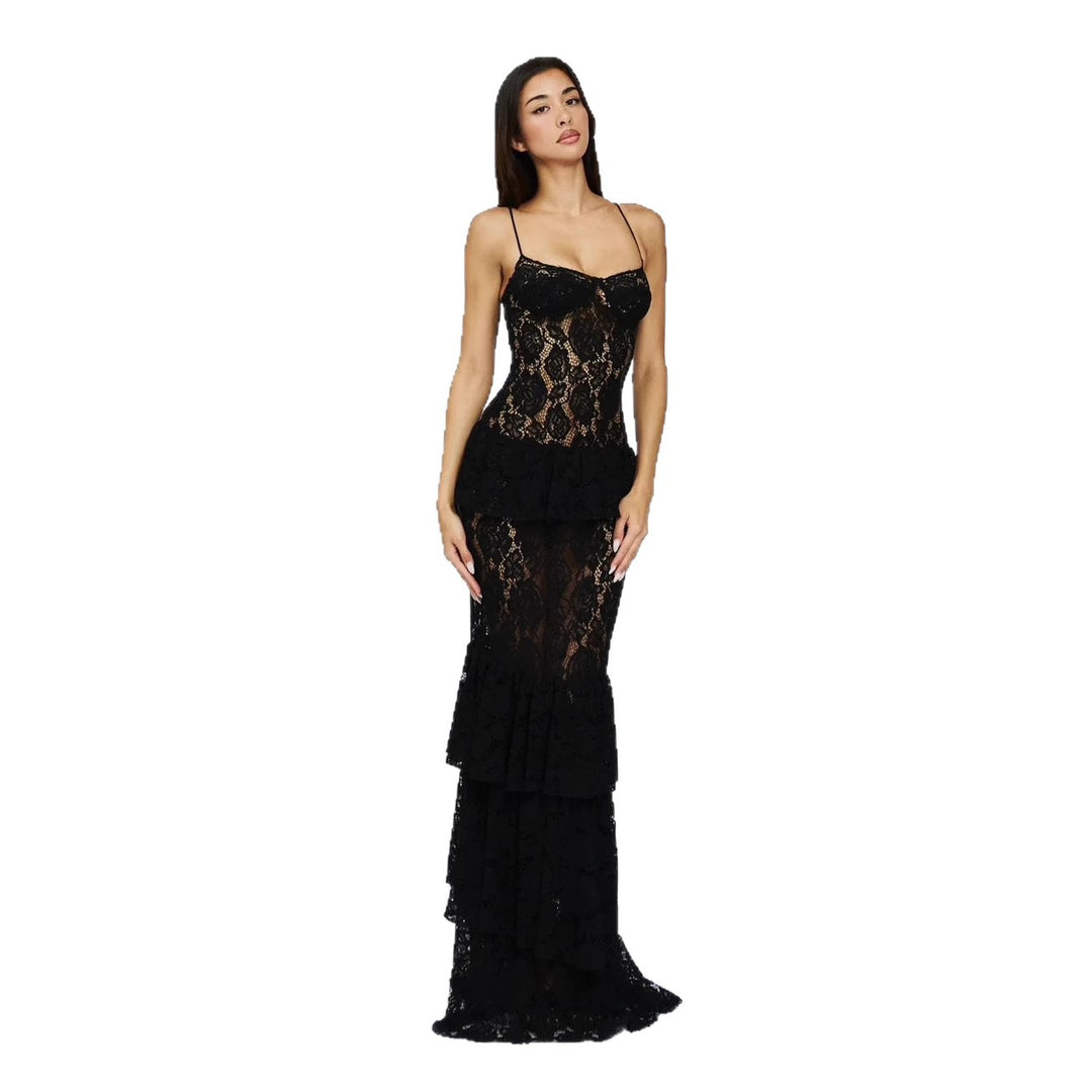 Damen Spitzen-Ballkleid mit Rüschendetails und figurbetontem Schnitt Drune