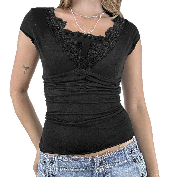 Damen elegantes Spitzenoberteil mit ruched Design und V-Ausschnitt Drune