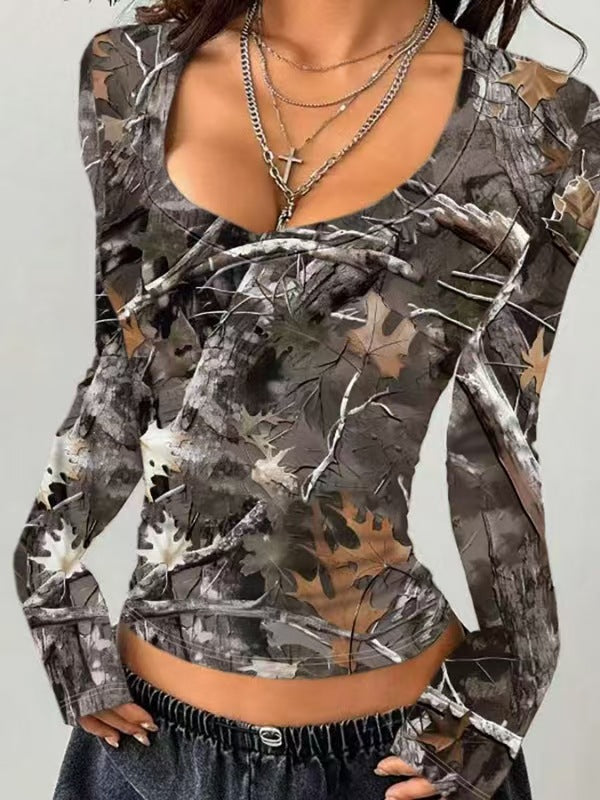 Damen Camouflage Langarmshirt mit V-Ausschnitt und modernen Details Drune