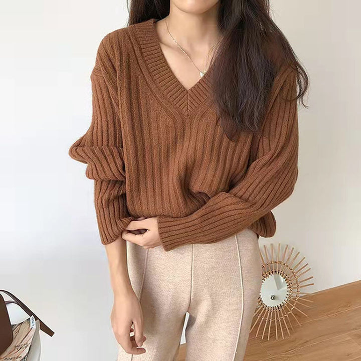 Damen Viskose-Strickpullover mit V-Ausschnitt und geripptem Design Drune