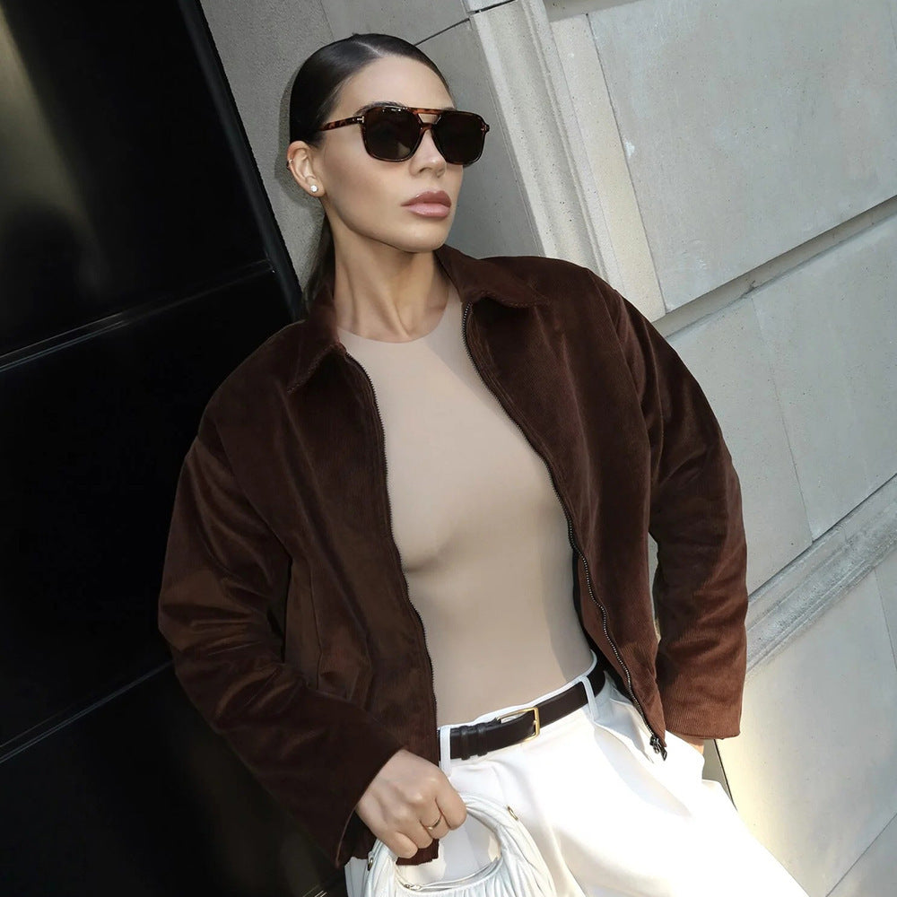 Damen Modische Cordjacke mit lässigem Schnitt und geradem Kragen Drune
