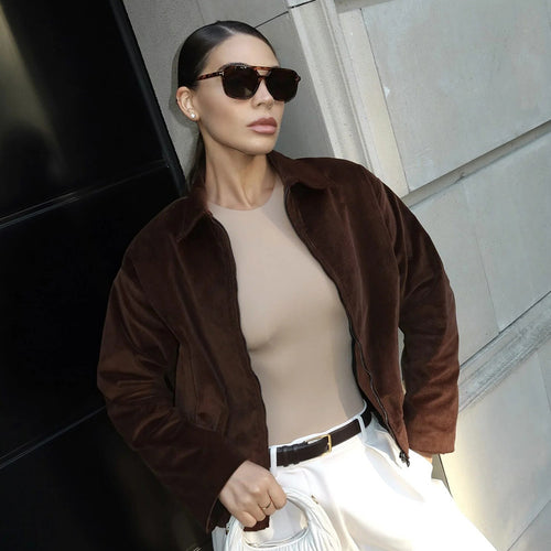 Damen Modische Cordjacke mit lässigem Schnitt und geradem Kragen Drune