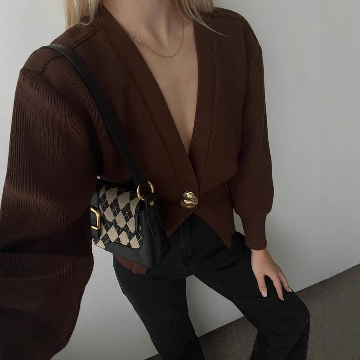 Damen modischer Strickcardigan mit tiefem V-Ausschnitt und dekorativem Knopf Drune
