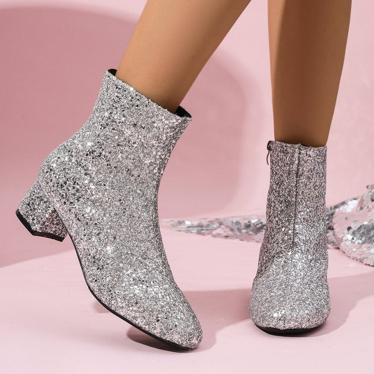 Damen glitzernde Stiefeletten mit kurzem Blockabsatz und seitlichem Reißverschluss Drune