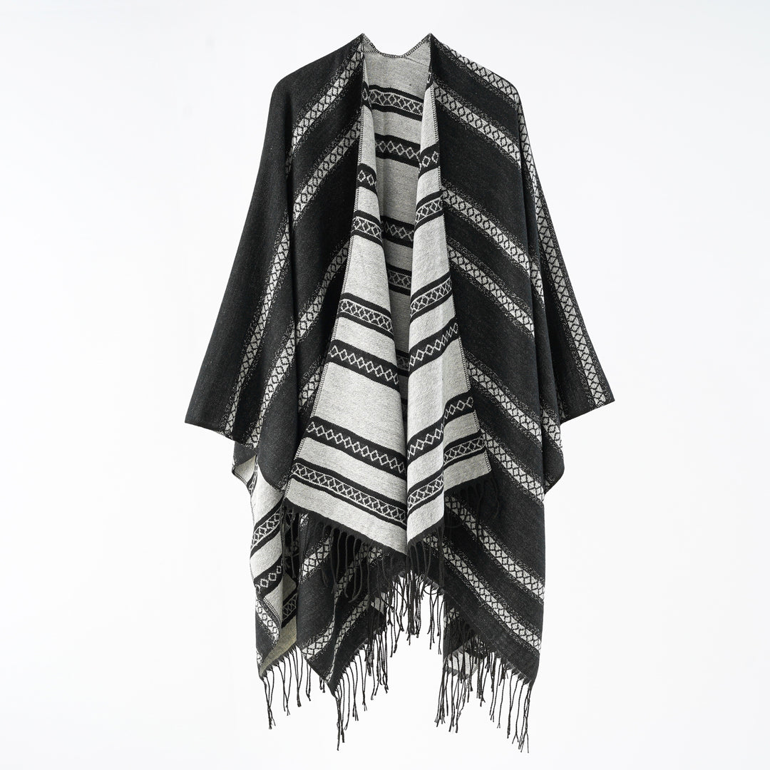 Damen Wollmix-Wickelponcho im Jacquardstreifen mit Fransen Drune