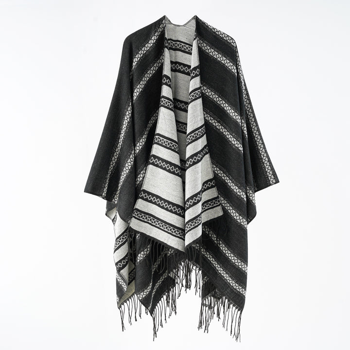 Damen Wollmix-Wickelponcho im Jacquardstreifen mit Fransen Drune