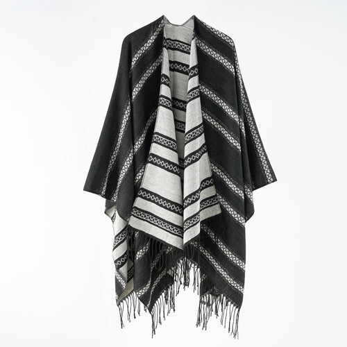 Damen Wollmix-Wickelponcho im Jacquardstreifen mit Fransen Drune