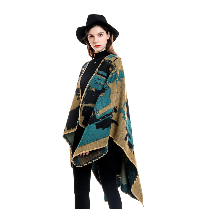 Damen Oversize-Umhangruana aus Wollmix mit abstraktem Jacquard und Zierstichkante Drune