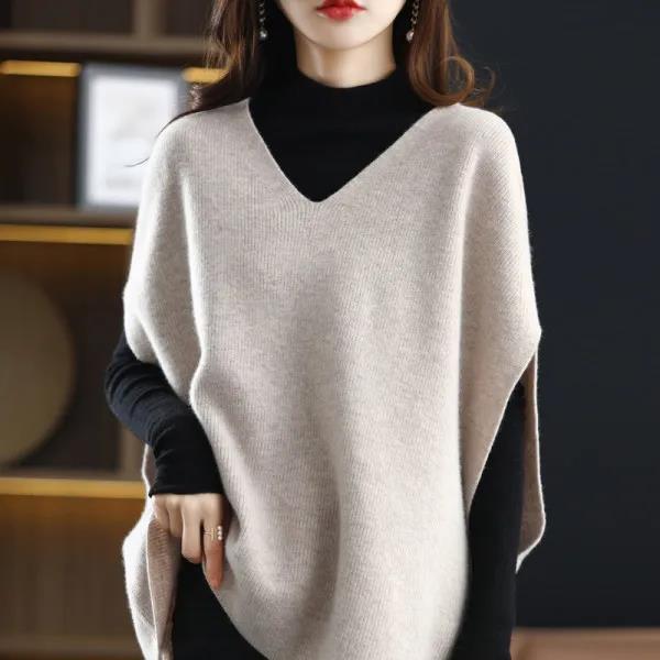 Damen Strickponcho mit V-Ausschnitt Drune