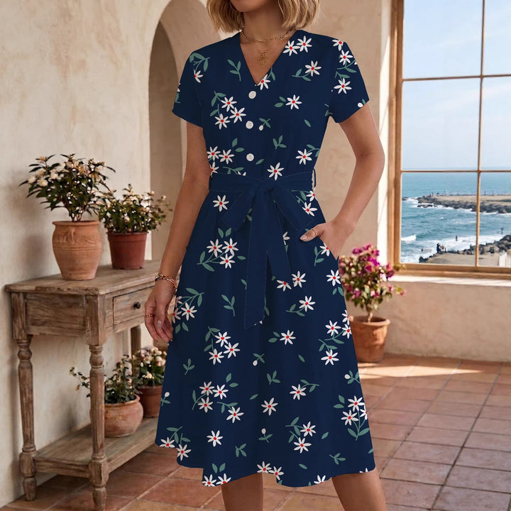 Damen Midikleid mit floralem Muster und Taillengürtel Drune