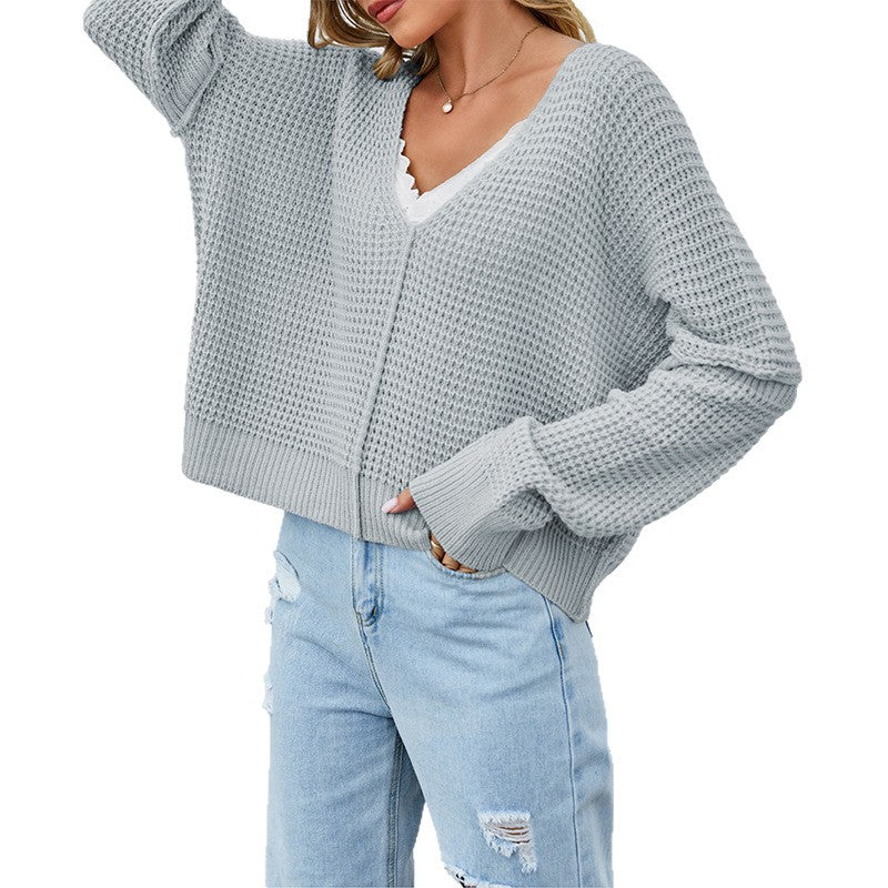 Damen lässiger V-Ausschnitt Strickpullover mit offenen Schultern und strukturiertem Design Drune