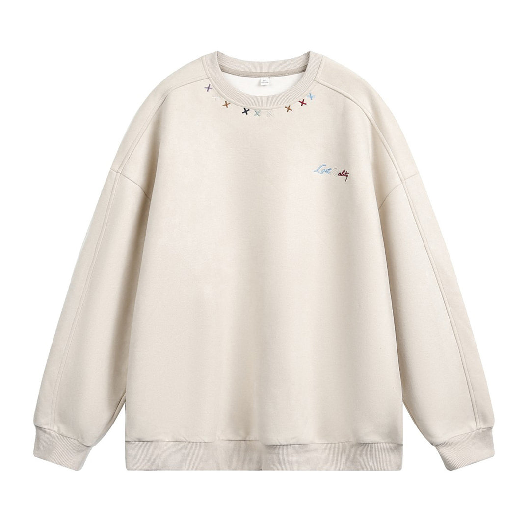 Unisex Oversize Rundhals-Sweatshirt mit bunter Kragenstickerei und Drop-Shoulder Drune