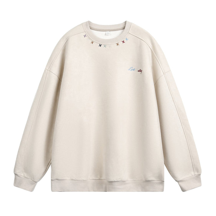 Unisex Oversize Rundhals-Sweatshirt mit bunter Kragenstickerei und Drop-Shoulder Drune