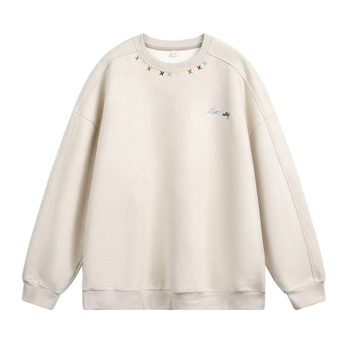 Unisex Oversize Rundhals-Sweatshirt mit bunter Kragenstickerei und Drop-Shoulder Drune