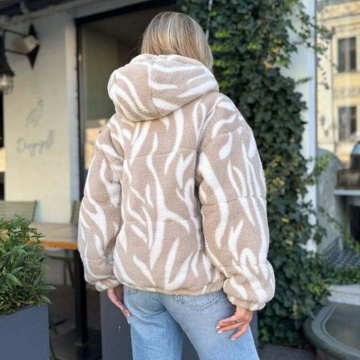 Damen Kurz geschnittene Teddy-Fleecejacke mit Kapuze und Zebrastreifen Drune