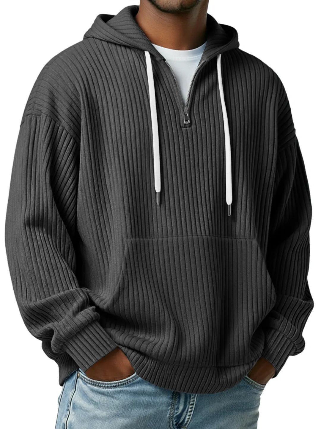 Herren gerippter Halfzip-Hoodie mit Kapuze, Kängurutasche und oversized Casual-Schnitt Drune