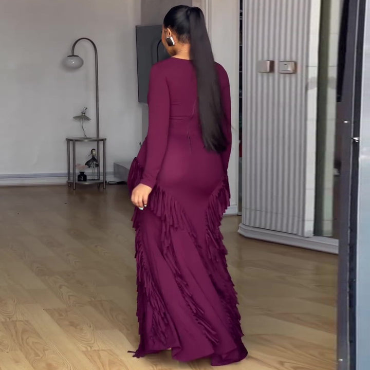 Damen Langarm Maxikleid mit voluminösen Fransen und figurbetontem Schnitt Drune