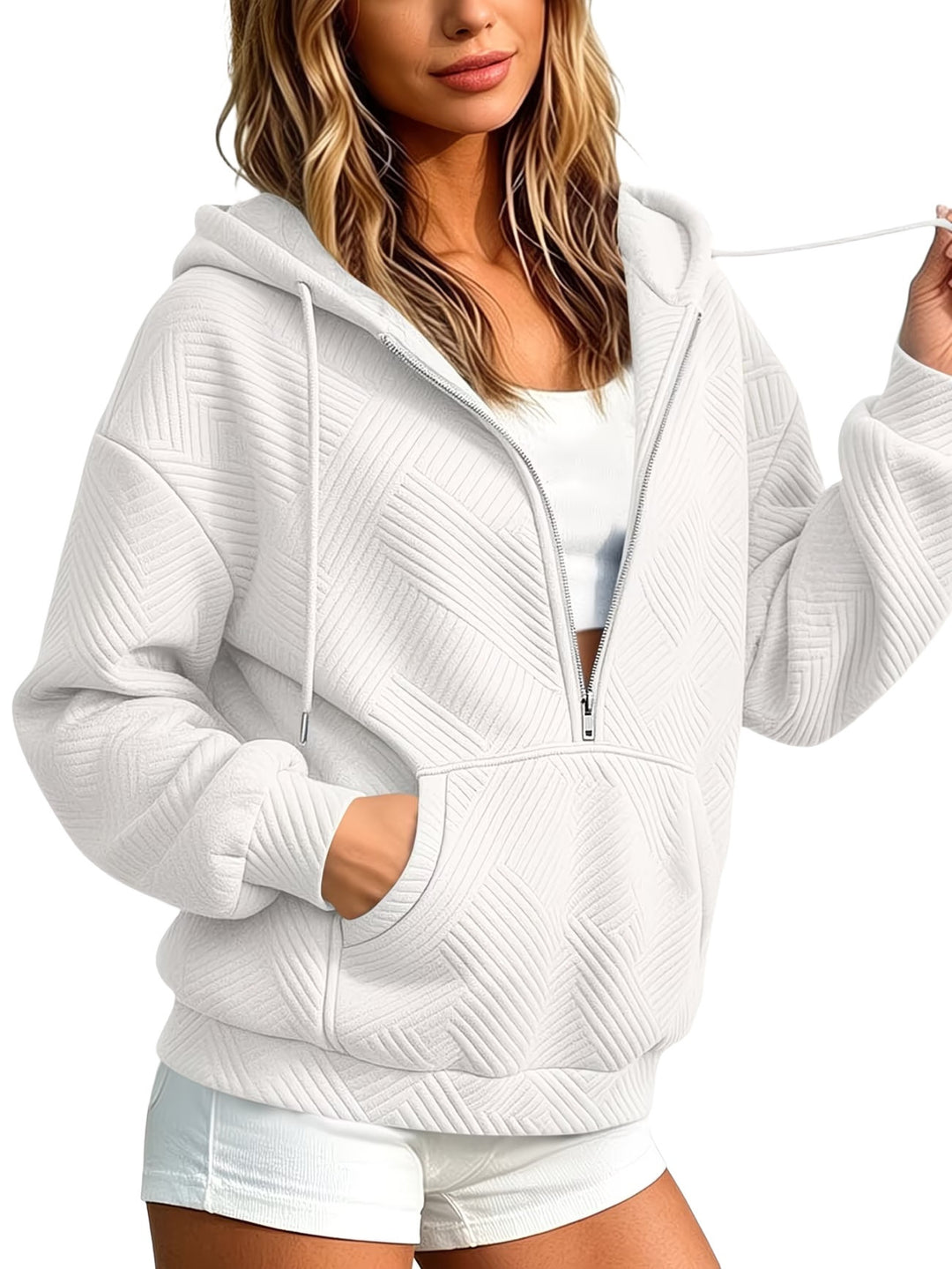 Damen Gequilteter Half-Zip Kapuzenpullover mit geometrischer Steppstruktur Drune