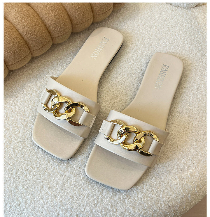 Damen Dekorative Ketten-Detail Slide Sandalen Drune