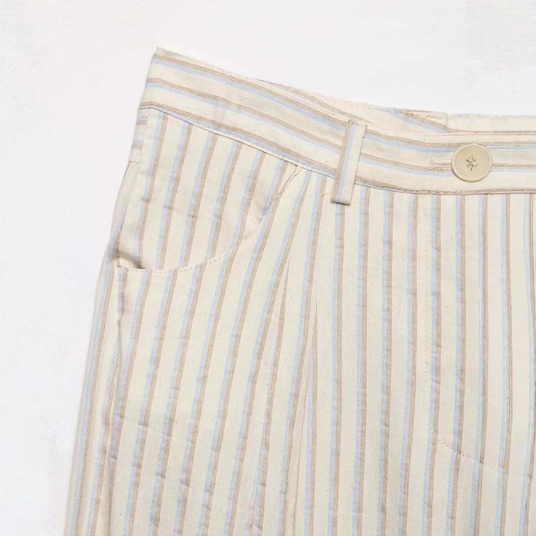 Damen Weite High‑Waist‑Hose aus leichter Baumwollmischung mit feinem Nadelstreifen und Bundfalten Drune