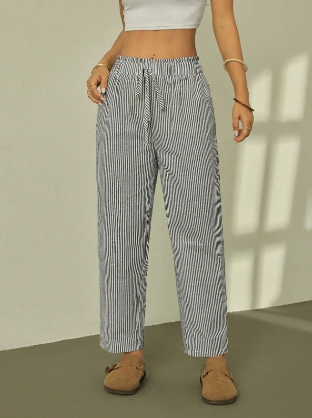 Damen Leinenoptik-Relaxhose mit High-Waist, Kordelzug und Nadelstreifen Drune