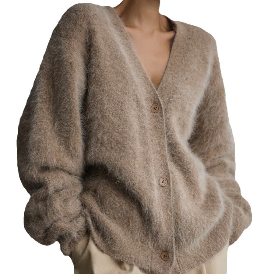 Damen flauschige Strickjacke mit tiefem V-Ausschnitt und großen Knopfdetails Drune