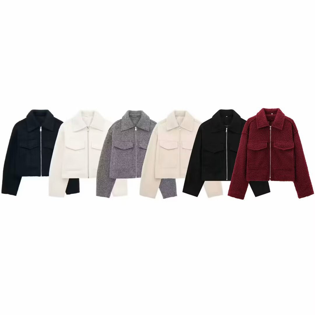 Damen Kurzgeschnittene Sherpa-Jacke mit Reißverschluss und aufgesetzten Pattentaschen Drune