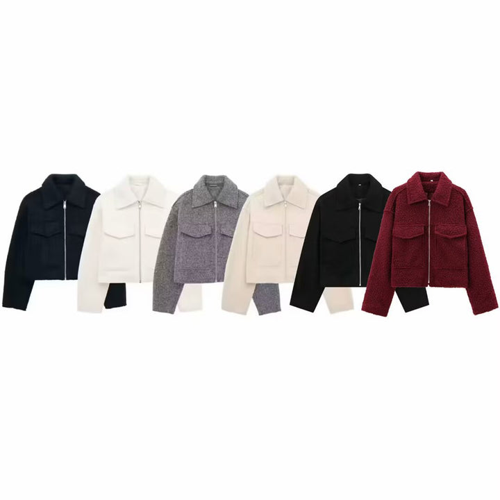 Damen Kurzgeschnittene Sherpa-Jacke mit Reißverschluss und aufgesetzten Pattentaschen Drune