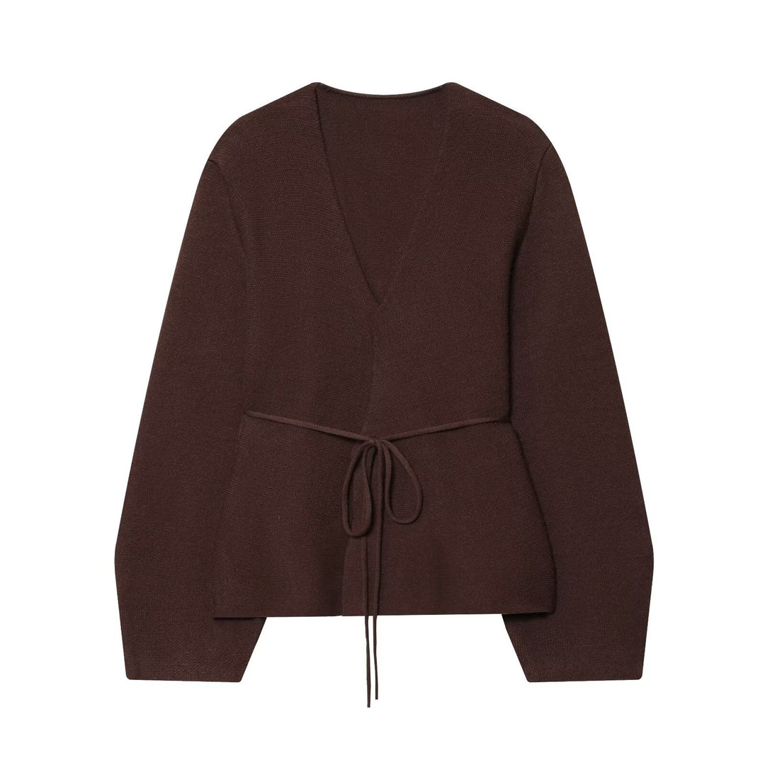 Damen elegante Strickjacke mit tailliertem Schnitt und Bindegürtel Drune