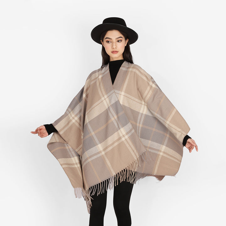 Damen Karierter Cape-Überwurf im Oversize-Stil aus Wollmix mit Fransensaum Drune