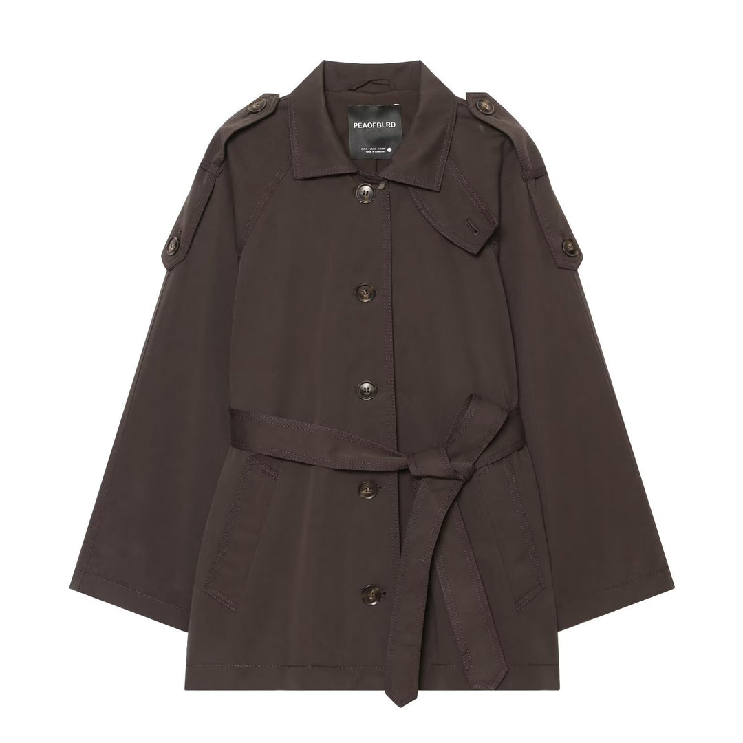 Damen Kurzer Cape‑Trench mit Bindegürtel und Epauletten Drune