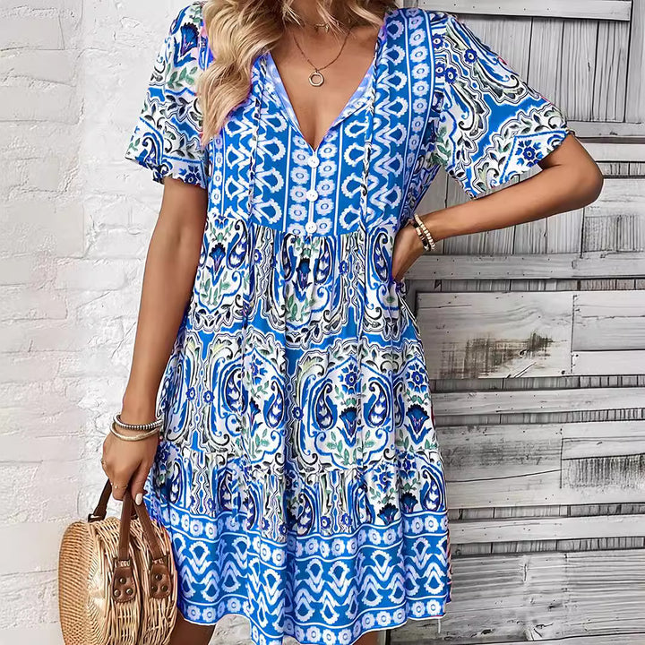 Damen Lockeres Stufen‑Midikleid mit V‑Ausschnitt, Quastenbindeband und Boho‑Print Drune