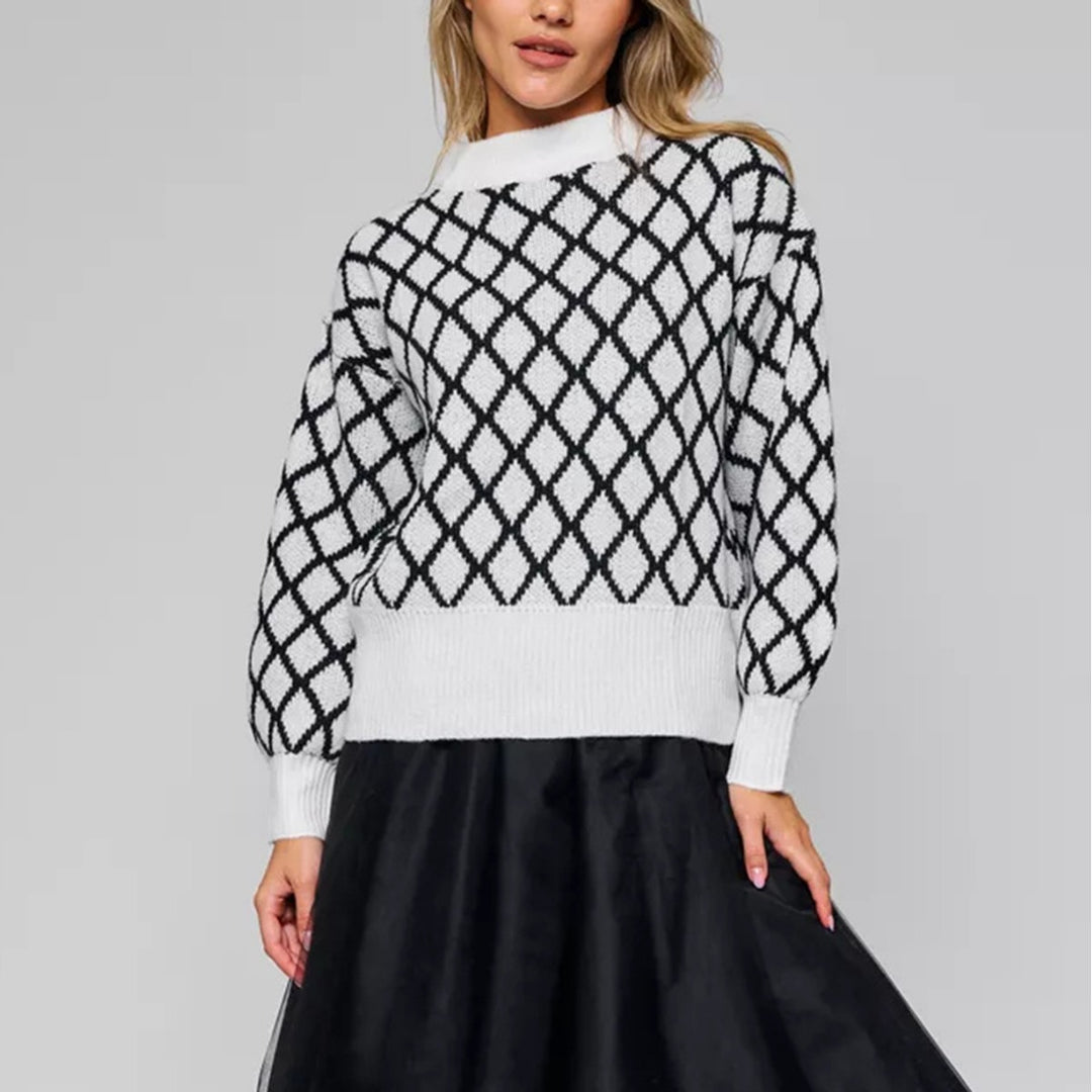 Damen gestrickter Pullover mit modernem Rautenmuster und innovativem Schnitt Drune