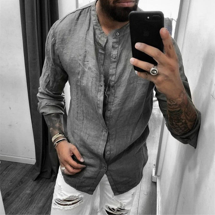 Herren lässiges Leinenhemd mit modischem Henley-Ausschnitt und hochwertiger Knopfdetail Drune
