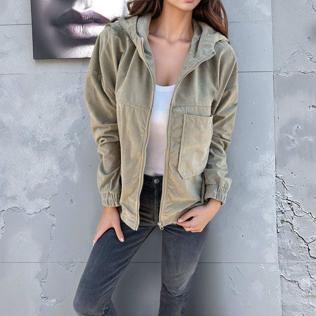Damen Cord-Zipjacke mit Kapuze, Rippstruktur und Eingrifftaschen Drune