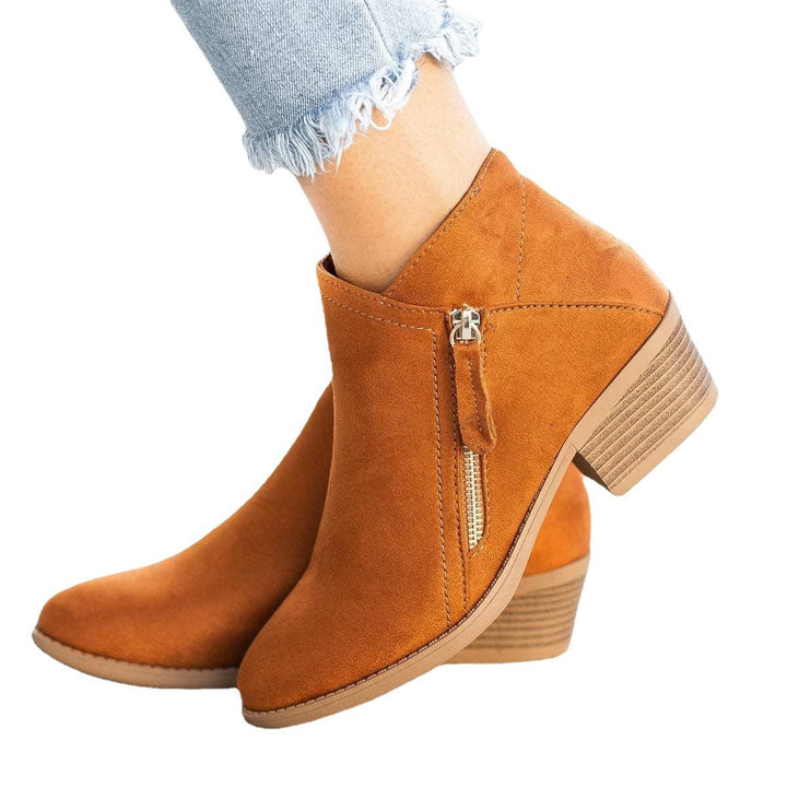 Damen nan elegante knöchelhohe Wildlederoptik-Stiefelette mit schlanker Rundspitze, seitlichem Metallreißverschluss und gestapeltem Blockabsatz Drune