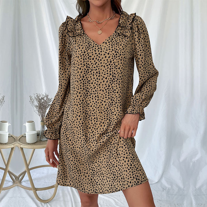 Damen Minikleid mit V-Ausschnitt, Volantkragen und dezentem Animal-Print Drune