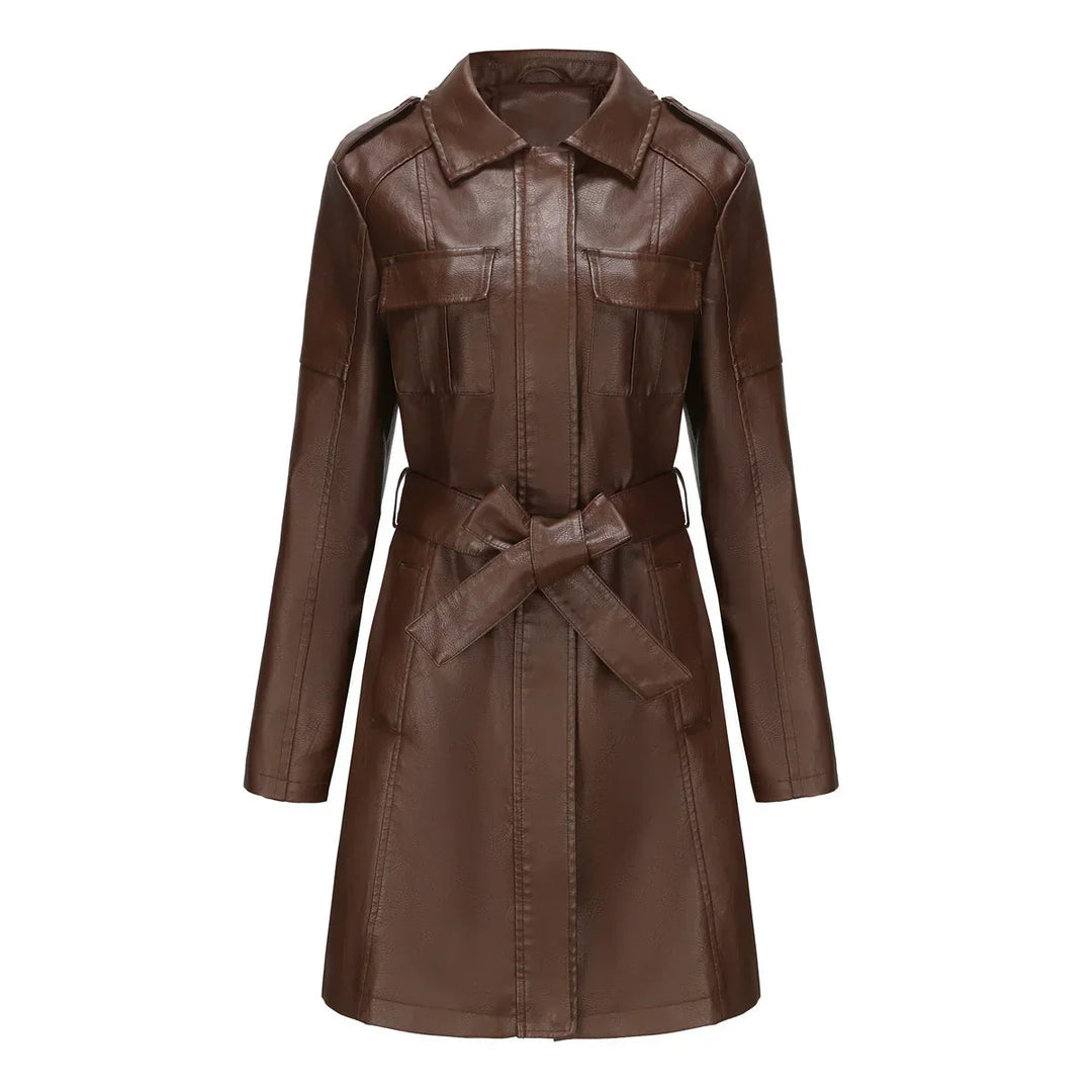 Drune | Schicke Lange Damen PU-Lederjacke mit Taschen