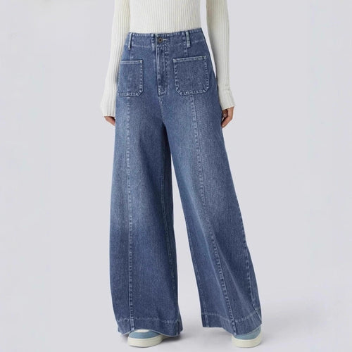 Damen nan hochtaillierte weite Jeanshose mit aufgesetzten Fronttaschen und vertikaler Ziernaht Drune
